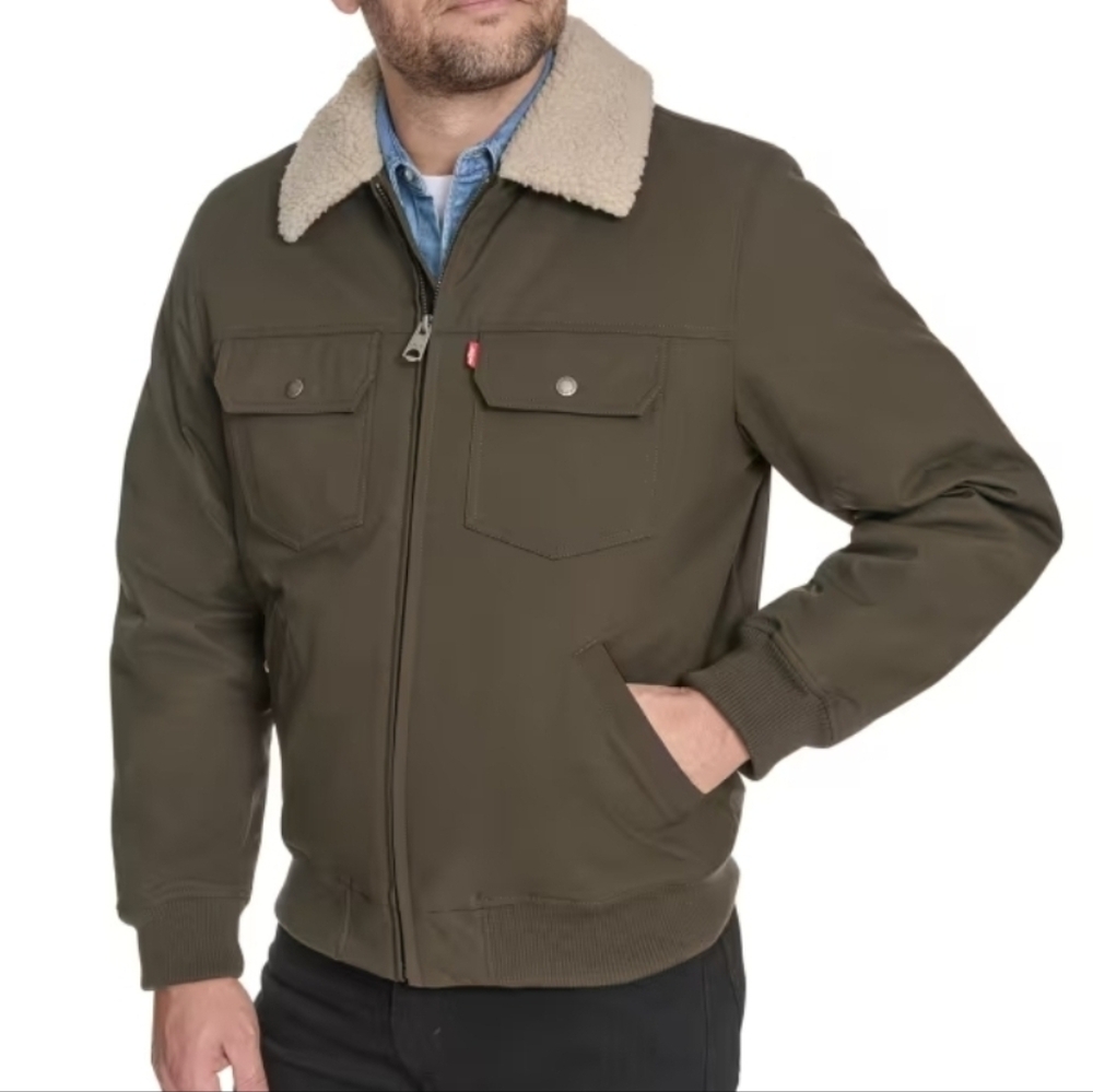 Levi's Mens Size XL Faux Shearling Collar Bomber Jacket Olive Green